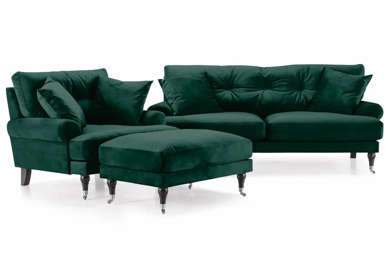 Andrew Sofagruppe 2-personers Sofa + Lænestol + Fodskammel i Fløjl, Grøn