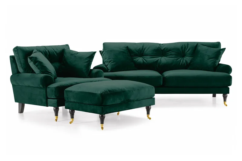 Andrew Sofagruppe 2-personers Sofa + Lænestol + Fodskammel i Fløjl, Grøn
