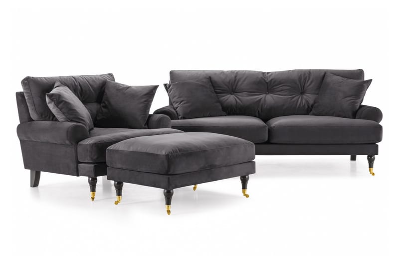 Andrew Sofagruppe 2-personers Sofa + Lænestol + Fodskammel i Fløjl, Mørkegrå