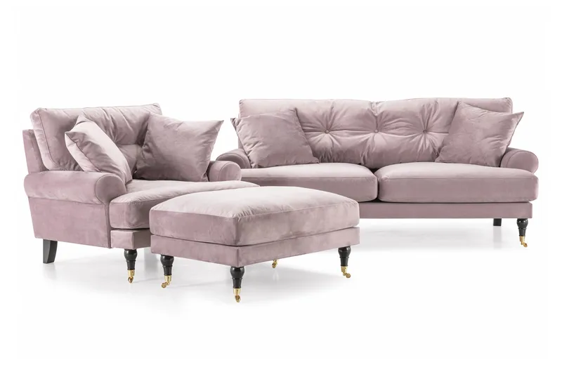 Andrew Sofagruppe 2-personers Sofa + Lænestol + Fodskammel i Fløjl, Lilla