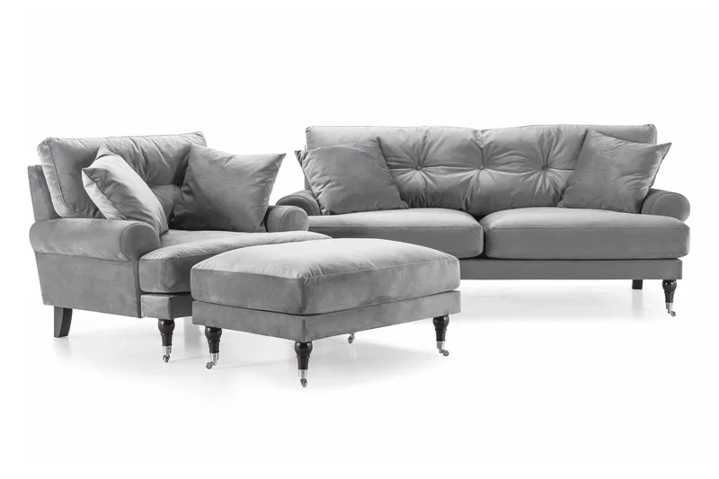 Andrew Sofagruppe 2-personers Sofa + Lænestol + Fodskammel i Fløjl, Lysegrå