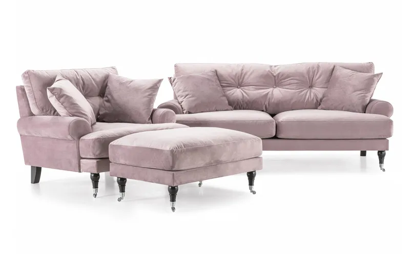 Andrew Sofagruppe 2-personers Sofa + Lænestol + Fodskammel i Fløjl, Lilla