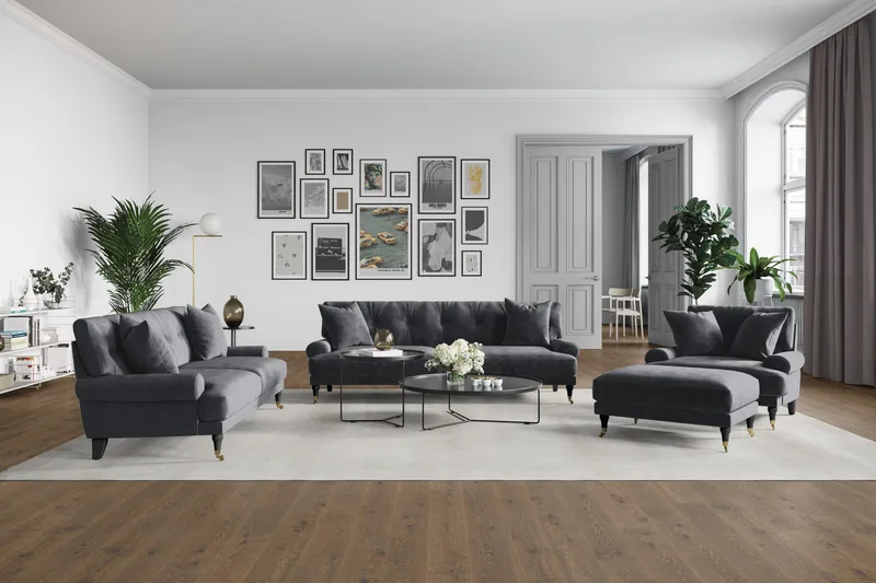 Andrew Sofagruppe 2-personers Sofa + Lænestol + Fodskammel i Fløjl - Mørkegrå - Møbler - Sofaer - Sofagrupper - Howard sofagruppe