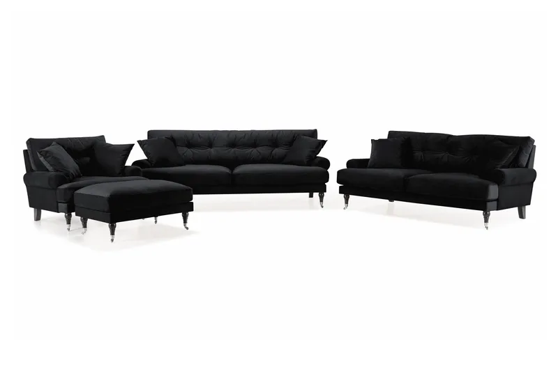 Andrew Sofagruppe 3-personers + 2-personers Sofa + Lænestol + Fodskammel i Fløjl, Sort
