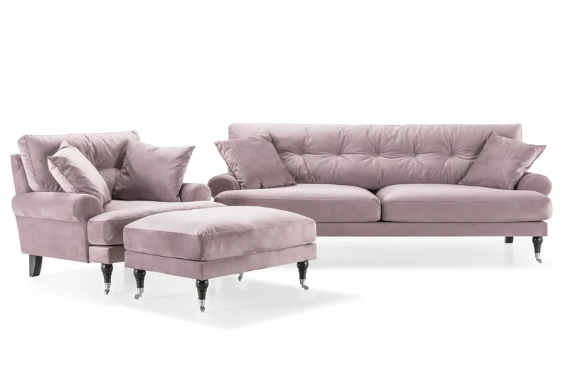 Andrew Sofagruppe 3-personers Sofa + Lænestol + Fodskammel i Fløjl, Lilla