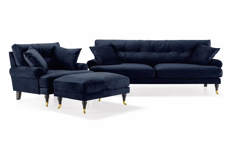 Andrew Sofagruppe 3-personers Sofa + Lænestol + Fodskammel i Fløjl, Blå