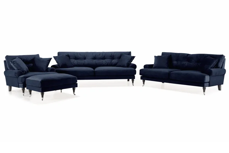 Andrew Sofagruppe 3-personers + 2-personers Sofa + Lænestol + Fodskammel i Fløjl, Blå