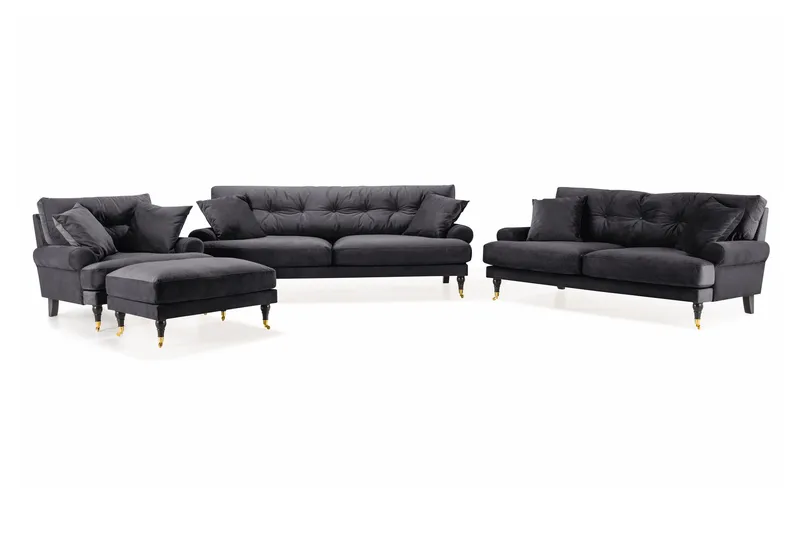 Andrew Sofagruppe 3-personers + 2-personers Sofa + Lænestol + Fodskammel i Fløjl, Mørkegrå