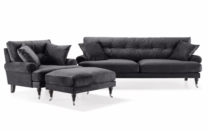 Andrew Sofagruppe 3-personers Sofa + Lænestol + Fodskammel i Fløjl, Mørkegrå