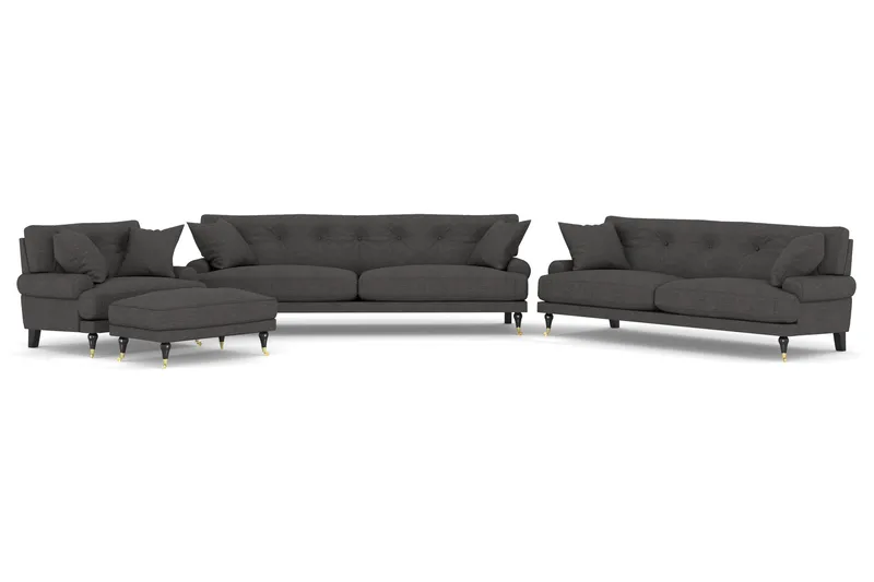 Andrew Sofagruppe 3-personers + 2-personers Sofa + Lænestol + Fodskammel i Fløjl, Mørkegrå