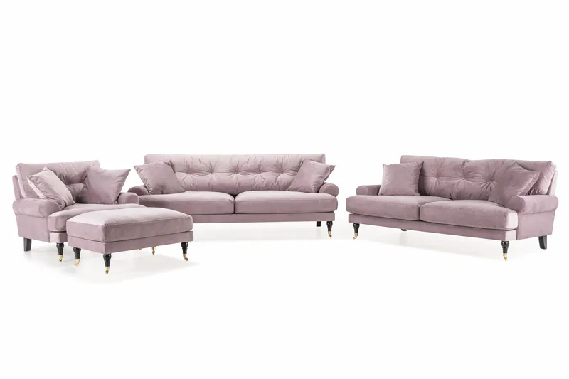 Andrew Sofagruppe 3-personers + 2-personers Sofa + Lænestol + Fodskammel i Fløjl, Lilla