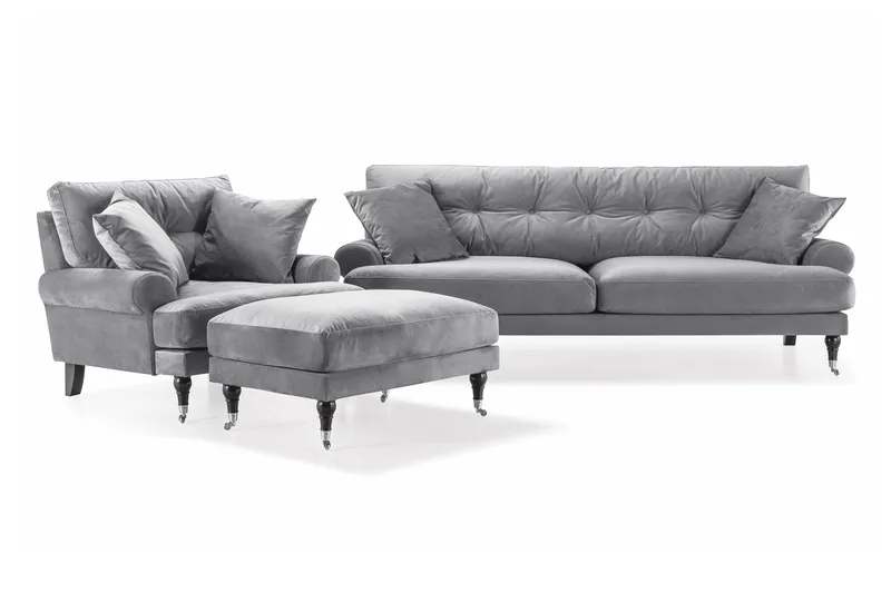 Andrew Sofagruppe 3-personers Sofa + Lænestol + Fodskammel i Fløjl, Lysegrå