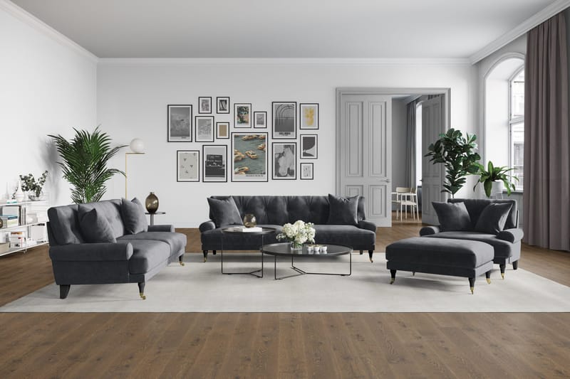Andrew Sofagruppe 3-personers Sofa + Lænestol + Fodskammel i Fløjl - Mørkegrå - Møbler - Sofaer - Sofagrupper - Howard sofagruppe
