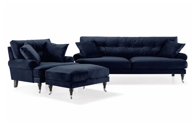 Andrew Sofagruppe 3-personers Sofa + Lænestol + Fodskammel i Fløjl, Blå