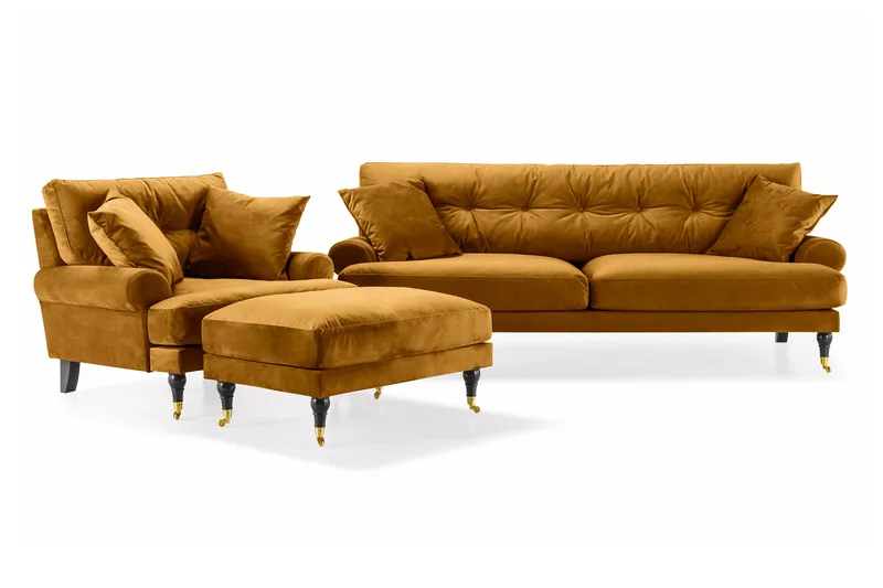 Andrew Sofagruppe 3-personers Sofa + Lænestol + Fodskammel i Fløjl, Mørkegul