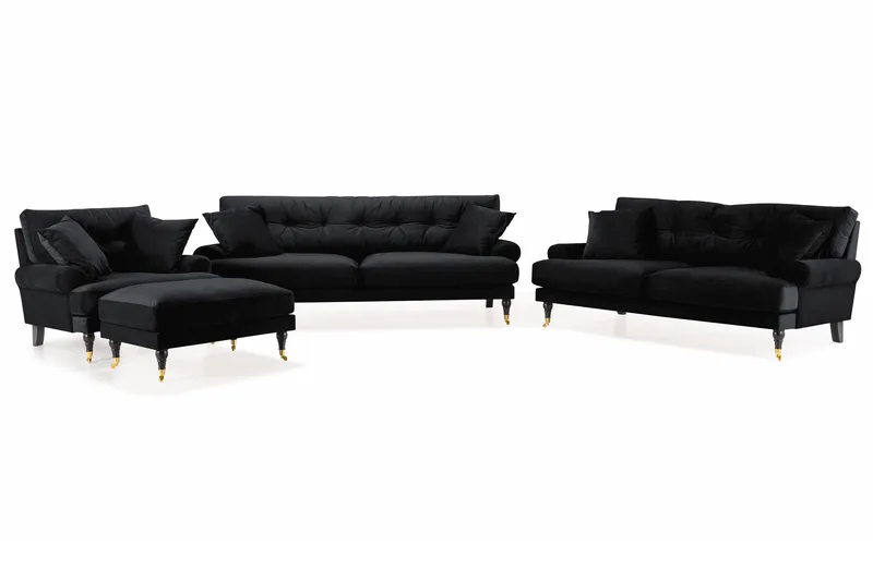 Andrew Sofagruppe 3-personers + 2-personers Sofa + Lænestol + Fodskammel i Fløjl, Sort