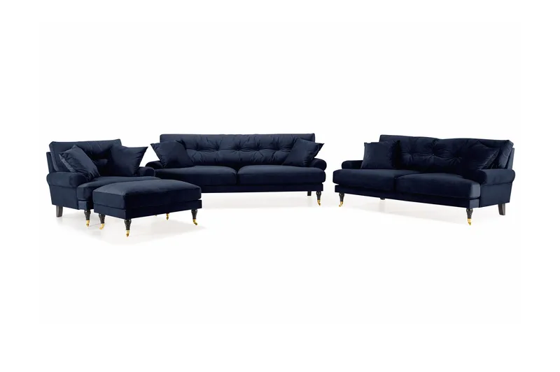 Andrew Sofagruppe 3-personers + 2-personers Sofa + Lænestol + Fodskammel i Fløjl, Blå