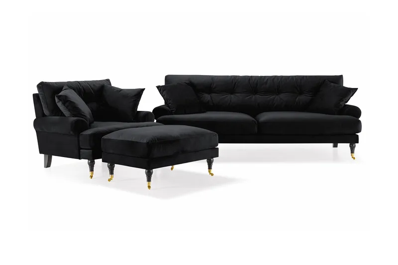 Andrew Sofagruppe 3-personers Sofa + Lænestol + Fodskammel i Fløjl, Sort