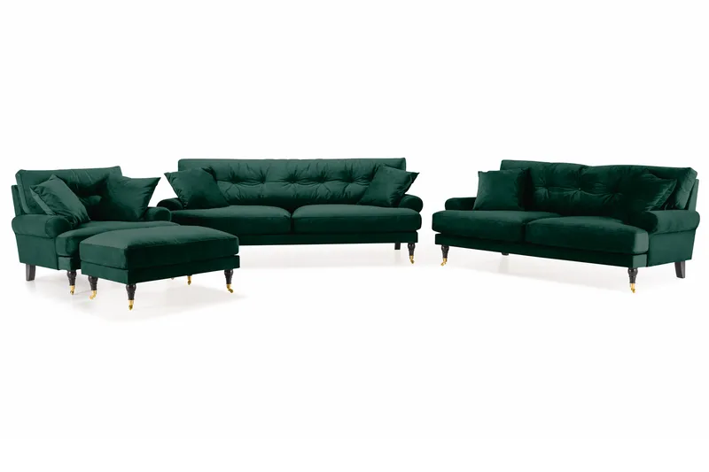 Andrew Sofagruppe 3-personers + 2-personers Sofa + Lænestol + Fodskammel i Fløjl, Grøn