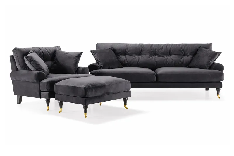 Andrew Sofagruppe 3-personers Sofa + Lænestol + Fodskammel i Fløjl, Mørkegrå