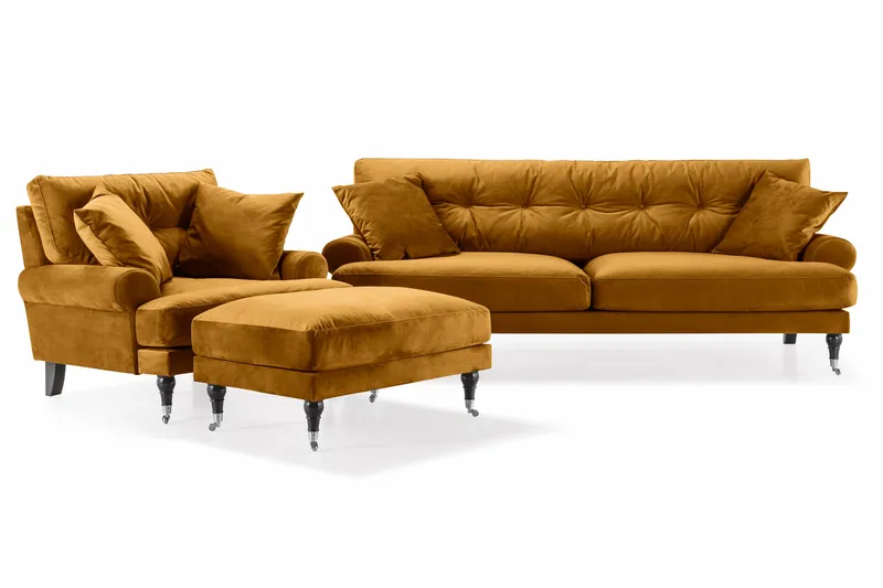 Andrew Sofagruppe 3-personers Sofa + Lænestol + Fodskammel i Fløjl, Mørkegul