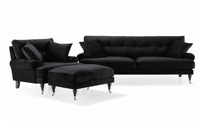 Andrew Sofagruppe 3-personers Sofa + Lænestol + Fodskammel i Fløjl, Sort