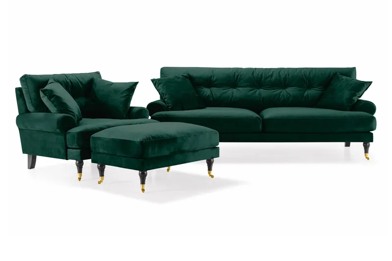 Andrew Sofagruppe 3-personers Sofa + Lænestol + Fodskammel i Fløjl, Grøn