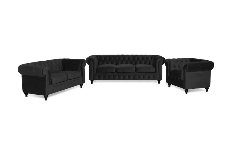 Chesterfield Luksus Moderne Sofasæt 3+2+1 i Fløjl, Sort