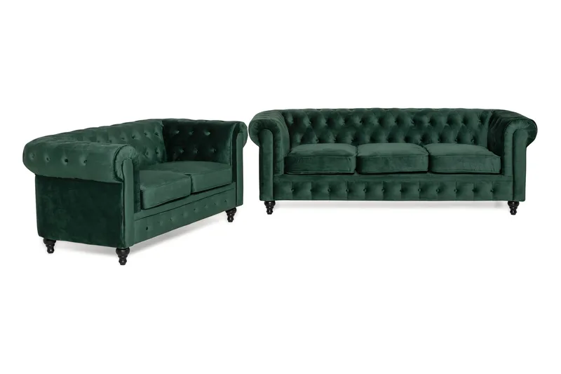 Chesterfield Luksus Sofagruppe 3+2 i Fløjl, Grøn