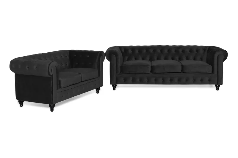 Chesterfield Luksus Sofagruppe 3+2 i Fløjl, Sort