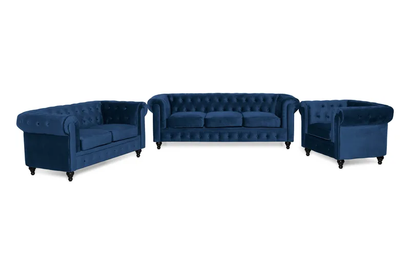 Chesterfield Luksus Sofasæt 3+2+1 i Fløjl, Blå