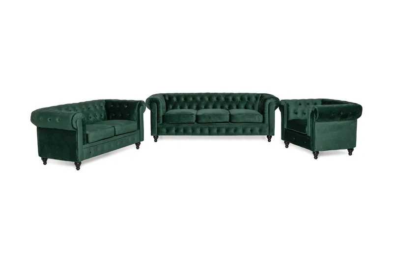Chesterfield Luksus Sofasæt 3+2+1 i Fløjl, Grøn
