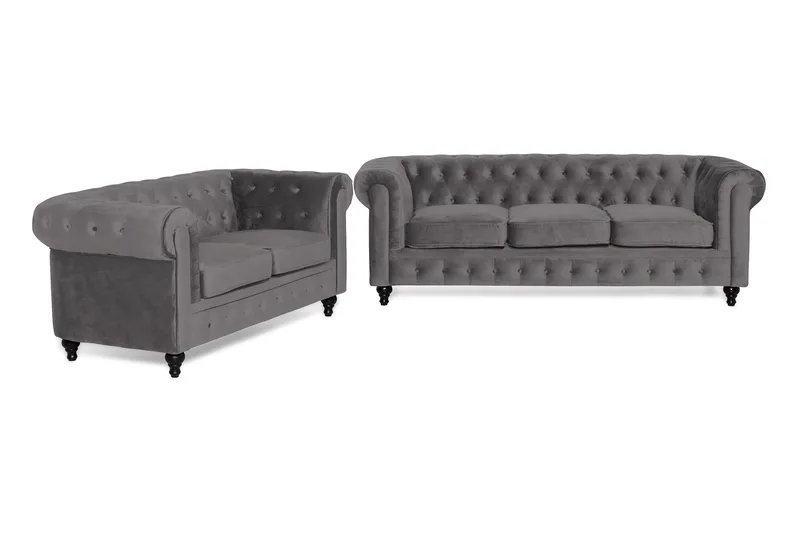 Chesterfield Luksus Sofasæt 3+2 i Fløjl, Mørkegrå