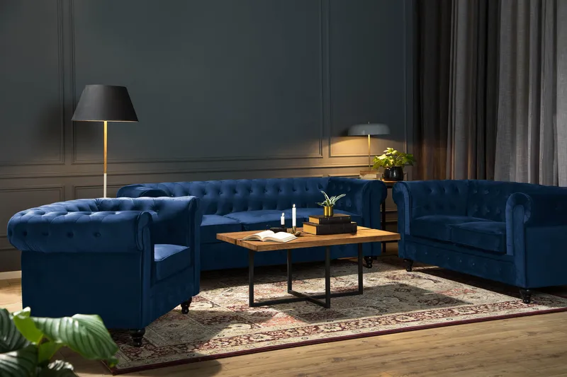 Chesterfield Lyx Sofagruppe 2+3 personers - Blå - Møbler - Sofaer - Sofagrupper - Chesterfield sofagruppe
