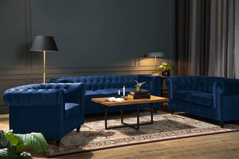 Chesterfield Lyx Sofagruppe 2-personers+Lænestol Velour - Blå - Møbler - Sofaer - Sofagrupper - Chesterfield sofagruppe