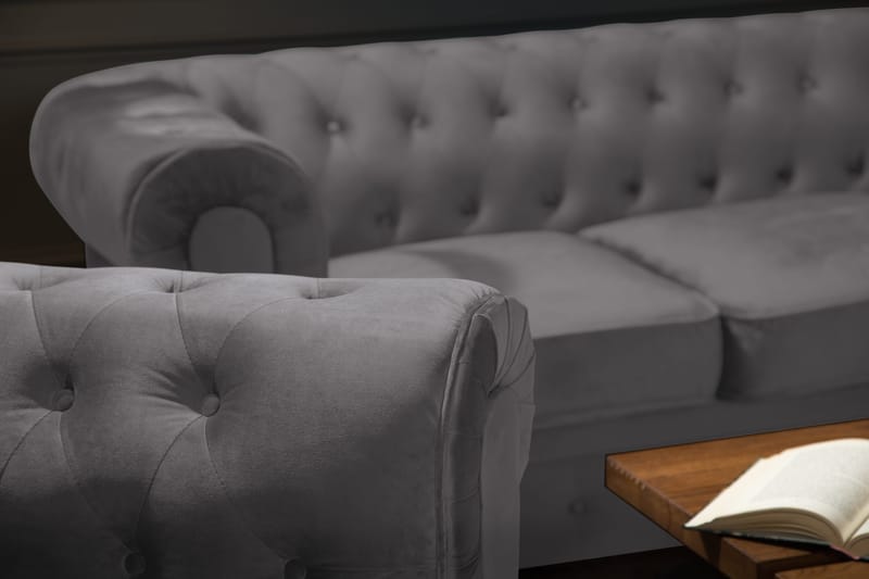 Chesterfield Lyx Sofagruppe 2-pers+Lænestol Velour - Grå - Møbler - Sofaer - Sofagrupper - Chesterfield sofagruppe