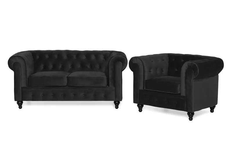 Chesterfield Lyx Sofagruppe 2-pers+Lænestol Velour, Sort