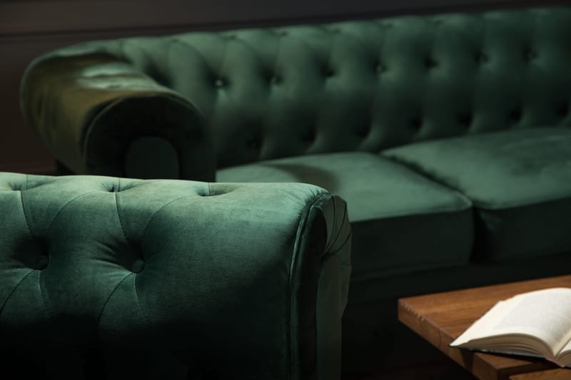 Chesterfield Lyx Sofagruppe 2-pers+Lænestol Velour - Grøn - Møbler - Sofaer - Sofagrupper - Chesterfield sofagruppe