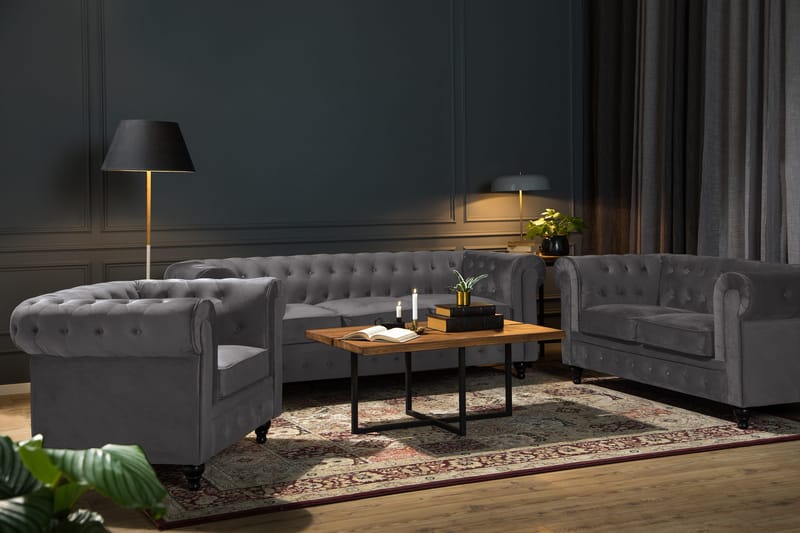 Chesterfield Lyx Sofagruppe 2-pers+Lænestol Velour - Grå - Møbler - Sofaer - Sofagrupper - Chesterfield sofagruppe