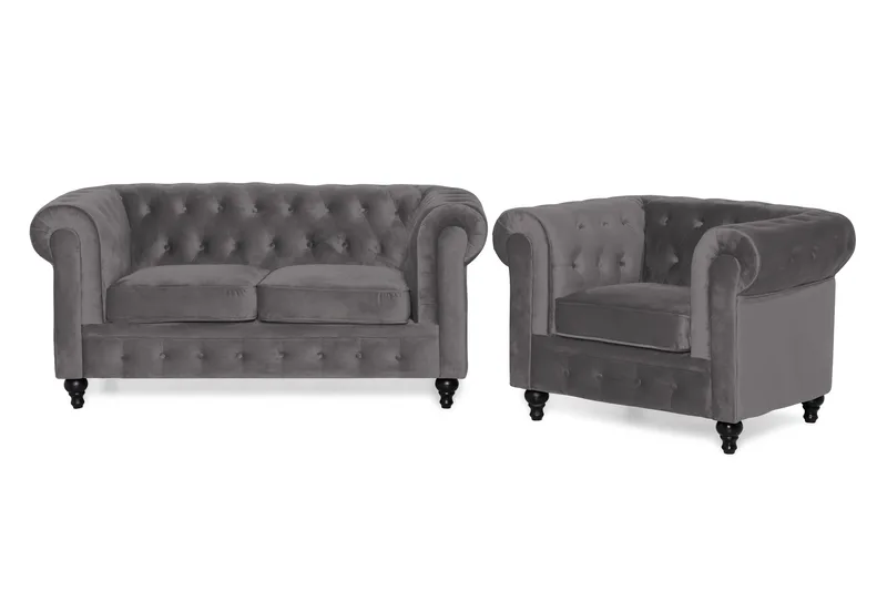Chesterfield Lyx Sofagruppe 2-pers+Lænestol Velour, Grå