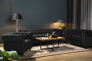 Chesterfield Lyx Sofagruppe 2-pers+Lænestol Velour - Sort - Møbler - Sofaer - Sofagrupper - Chesterfield sofagruppe