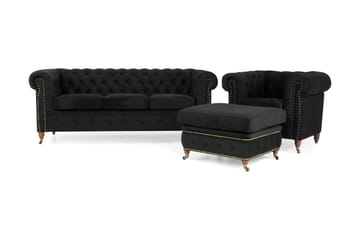 Chesterfield Deluxe Sofagruppe 3-pers+Lænestol+Puf Velour