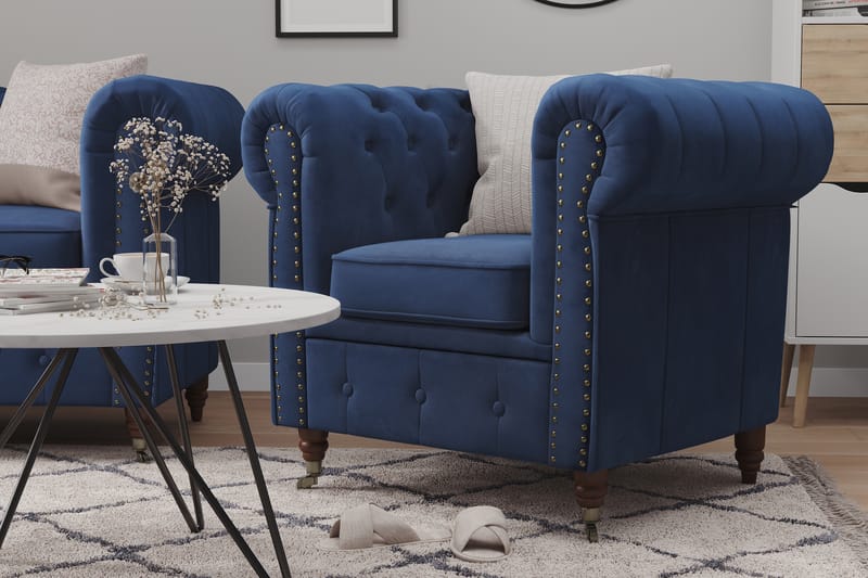 Chesterfield Deluxe Sofagruppe 3-pers+Lænestol+Puf Velour - Petrolblå - Chesterfield sofagruppe