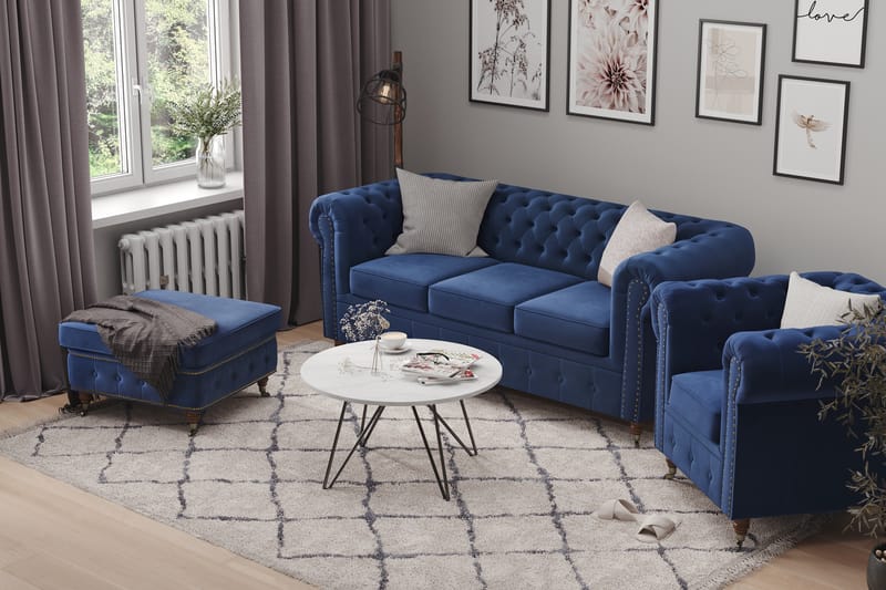 Chesterfield Deluxe Sofagruppe 3-pers+Lænestol+Puf Velour - Petrolblå - Chesterfield sofagruppe