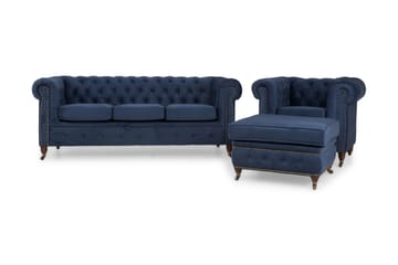 Chesterfield Deluxe Sofagruppe 3-pers+Lænestol+Puf Velour