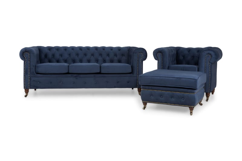 Chesterfield Deluxe Sofagruppe 3-pers+Lænestol+Puf Velour - Petrolblå - Chesterfield sofagruppe