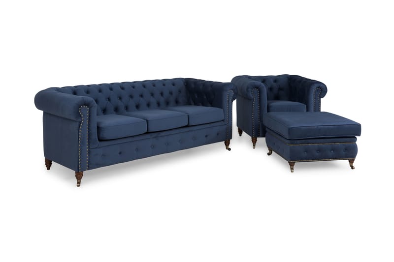 Chesterfield Deluxe Sofagruppe 3-pers+Lænestol+Puf Velour - Petrolblå - Chesterfield sofagruppe