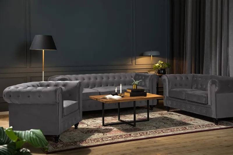 Chesterfield Luksus Sofasæt 3+2+1 i Fløjl - Mørkegrå / Grå - Møbler - Sofaer - Sofagrupper - Sofasæt 3+2+1