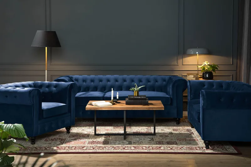 Chesterfield Lyx Sofagruppe 2+3 personers - Blå Velour - Møbler - Sofaer - Sofagrupper - Chesterfield sofagruppe