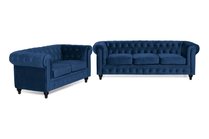 Chesterfield Lyx Sofagruppe 2+3 personers - Blå Velour - Chesterfield sofagruppe